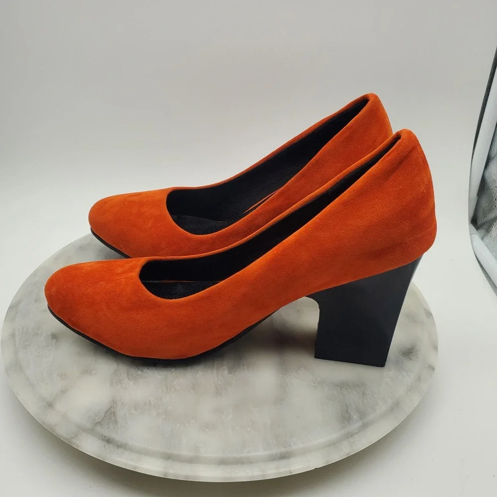 Vibrant Orange Suede Block Heel Pumps Round Toe Chunky High Heels Women Sz 6.5-7